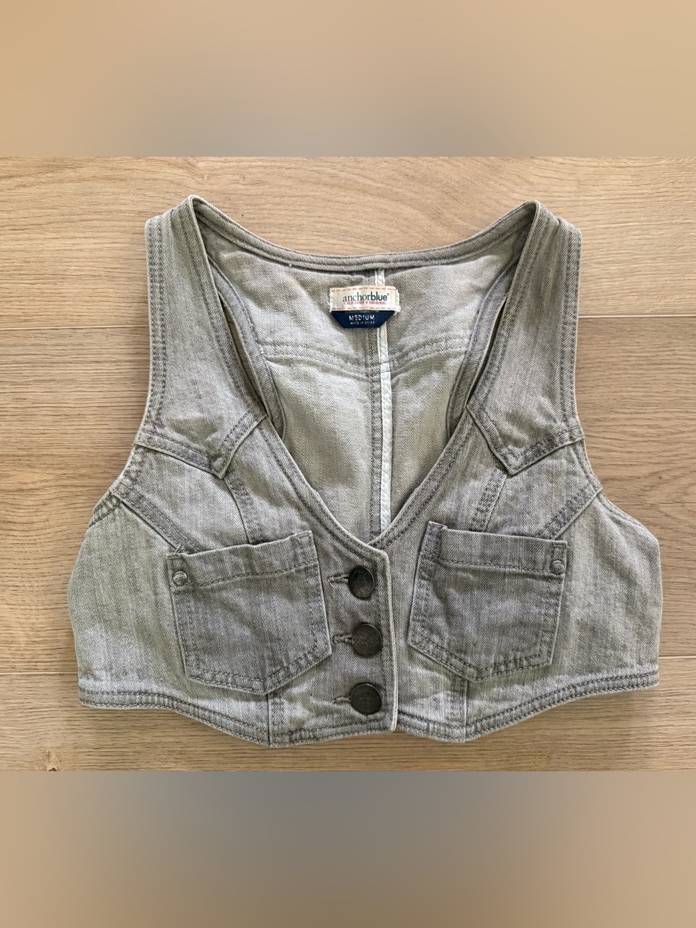 Anchor Blue Gray Cropped Denim Vest Utility Button Front Y2K